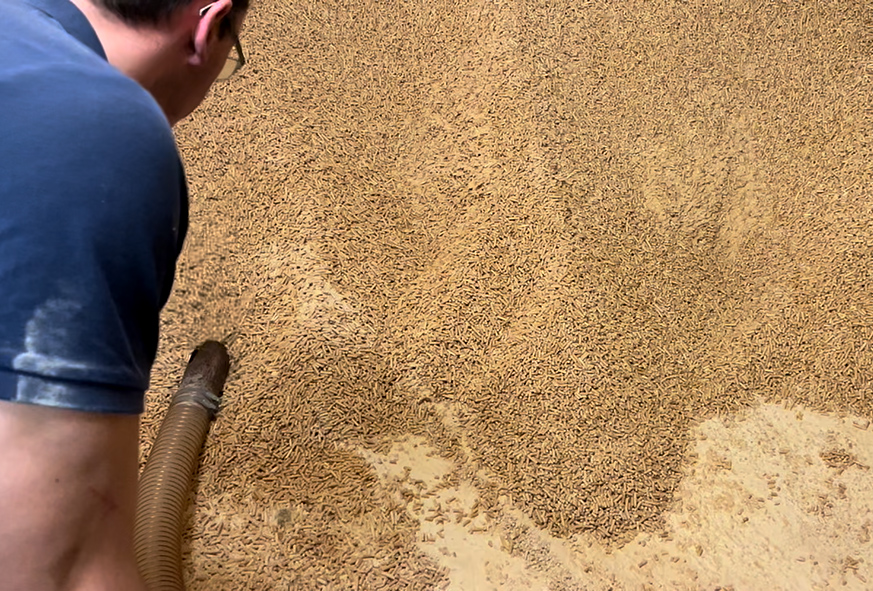 Ein Pelletlager wird durch einen Mitarbeiter von Hoth Brennstofffhandel gereinigt Ein Pelletlager wird durch einen Mitarbeiter von Hoth Brennstofffhandel gereinigt