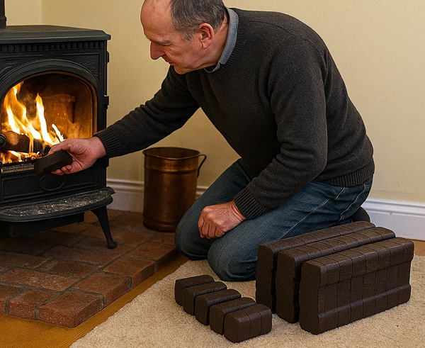 Ein älterer Mann heizt seine Kamin mit Briketts von Hoth Brennstoffhandel Ein älterer Mann heizt seine Kamin mit Briketts von Hoth Brennstoffhandel